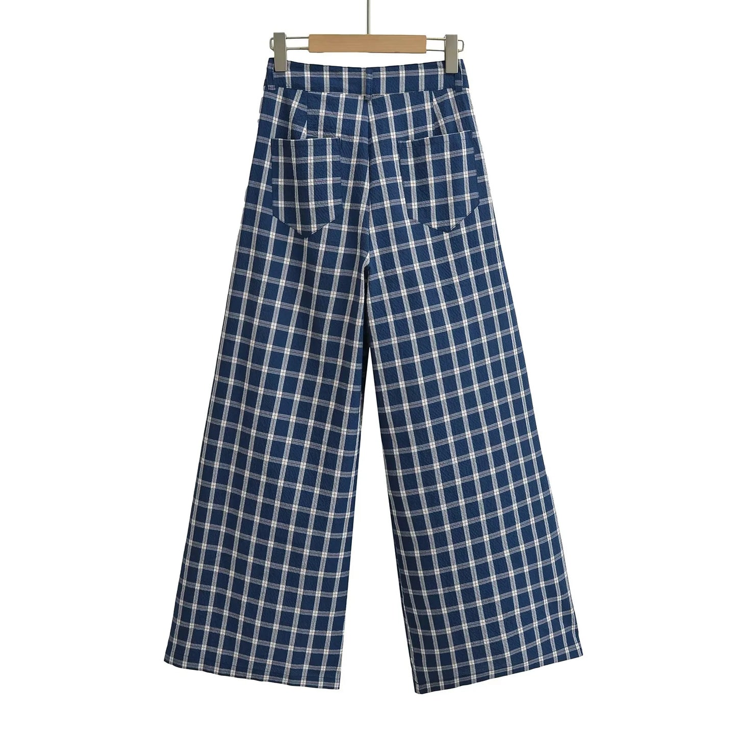 Retro blue checkered casual wide leg pants