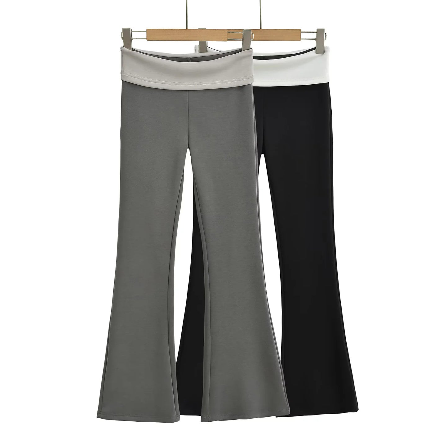 Contrasting color flanged low waisted slightly flared pants