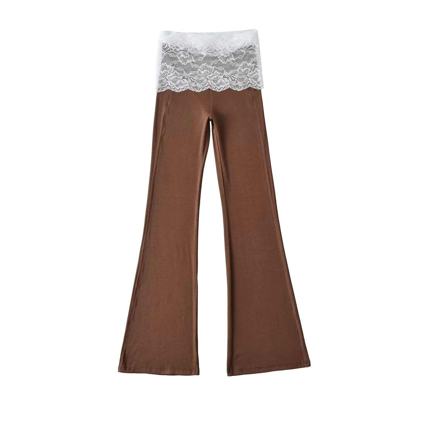 Lace patchwork contrasting high waisted micro flared pants