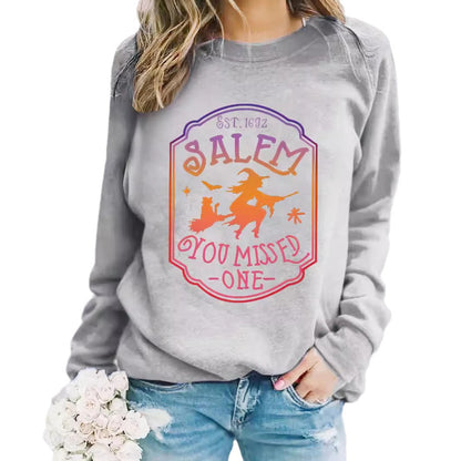 Long sleeved round neck SALEM witch print pullover sweatshirt