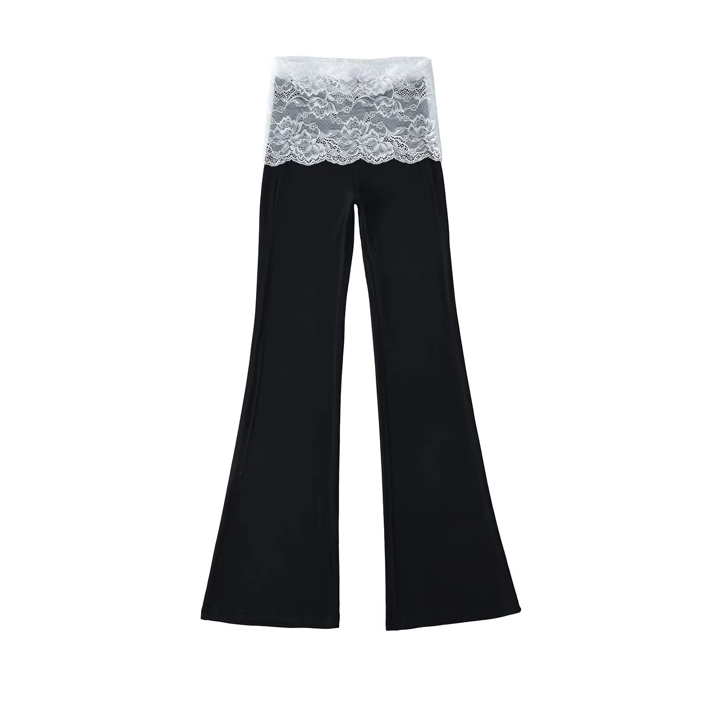 Lace patchwork contrasting high waisted micro flared pants