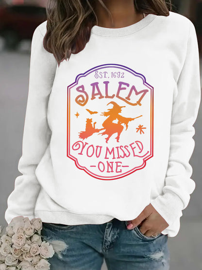Long sleeved round neck SALEM witch print pullover sweatshirt