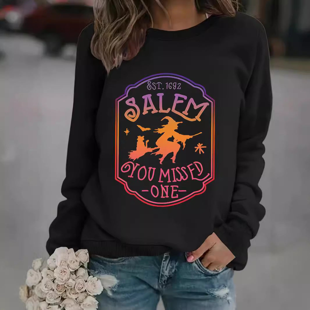 Long sleeved round neck SALEM witch print pullover sweatshirt