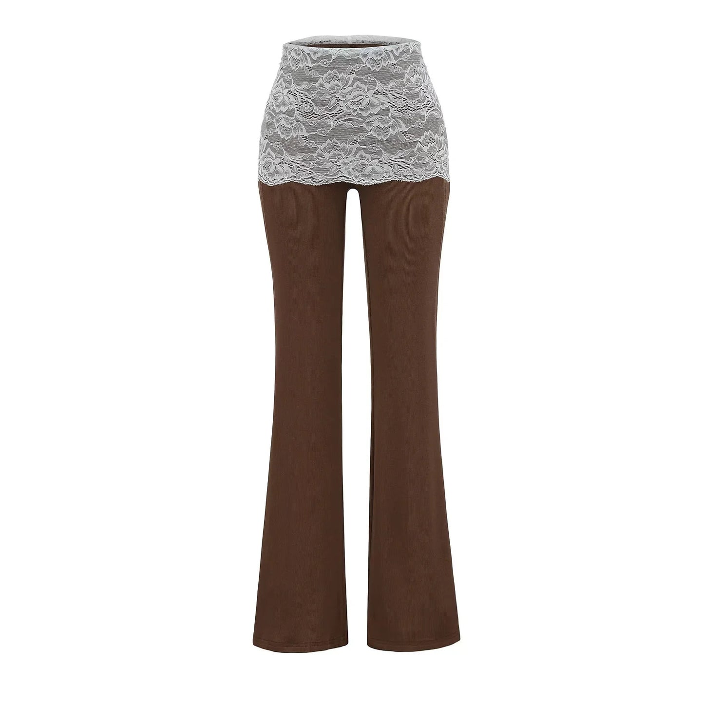 Lace patchwork contrasting high waisted micro flared pants