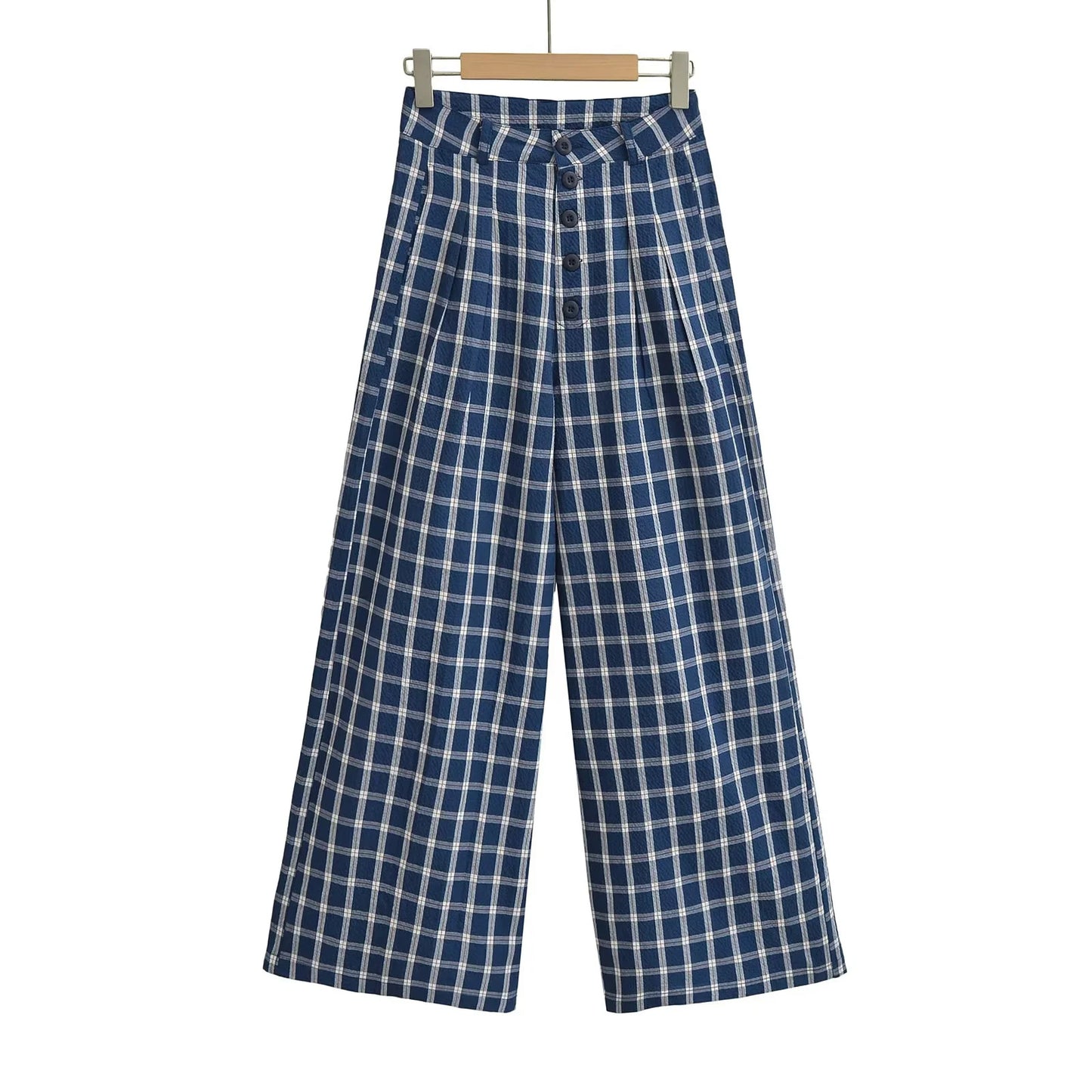 Retro blue checkered casual wide leg pants
