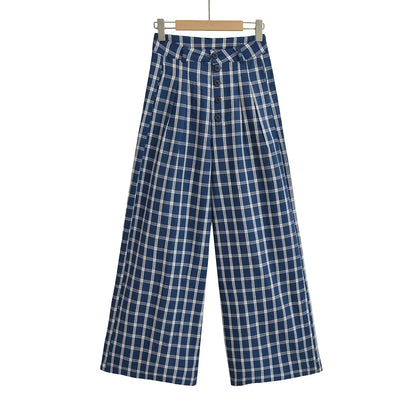 Retro blue checkered casual wide leg pants