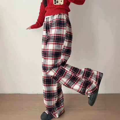 Low waisted red checkered brushed casual pants