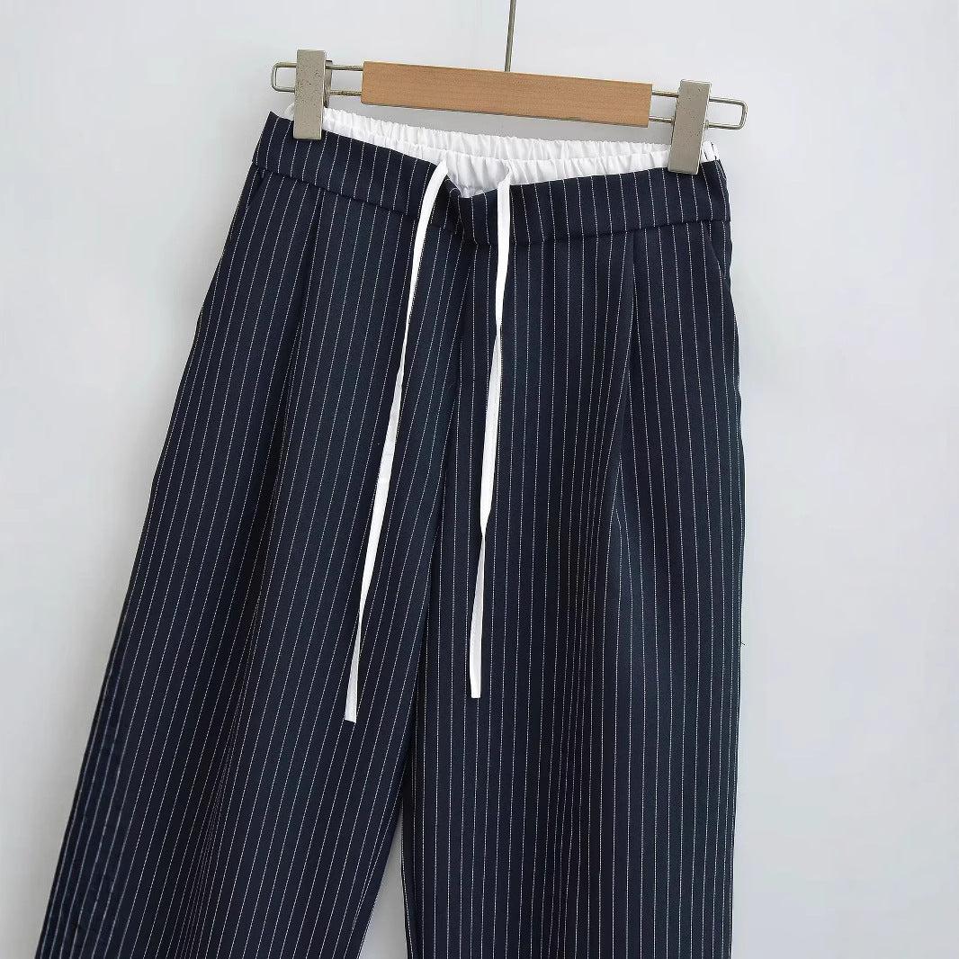 Striped lace double drawstring casual pants