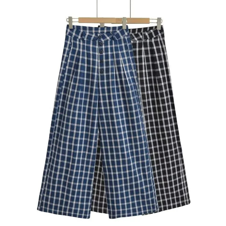 Retro blue checkered casual wide leg pants