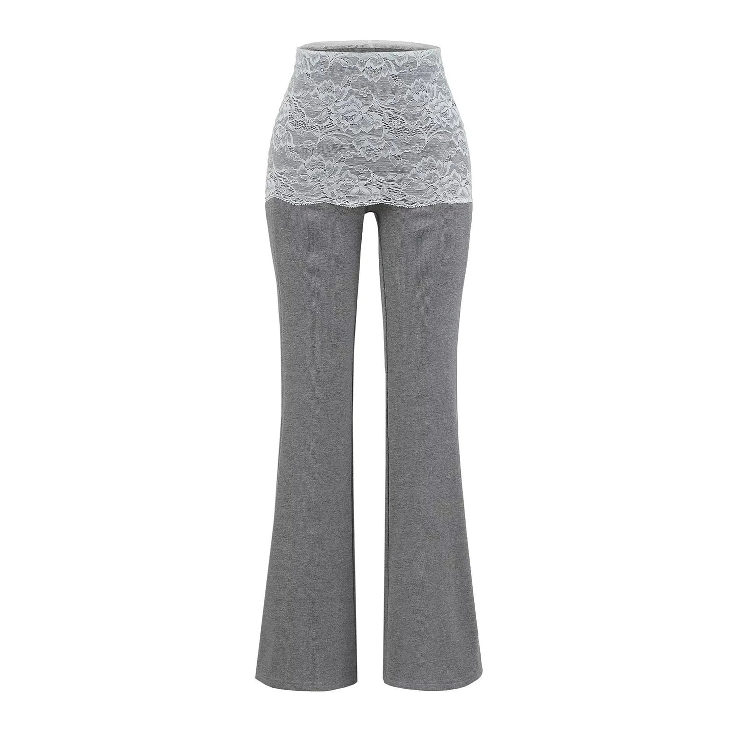 Lace patchwork contrasting high waisted micro flared pants