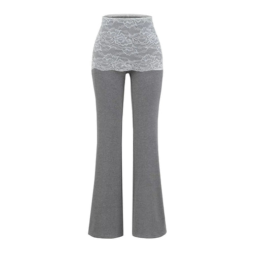 Lace patchwork contrasting high waisted micro flared pants