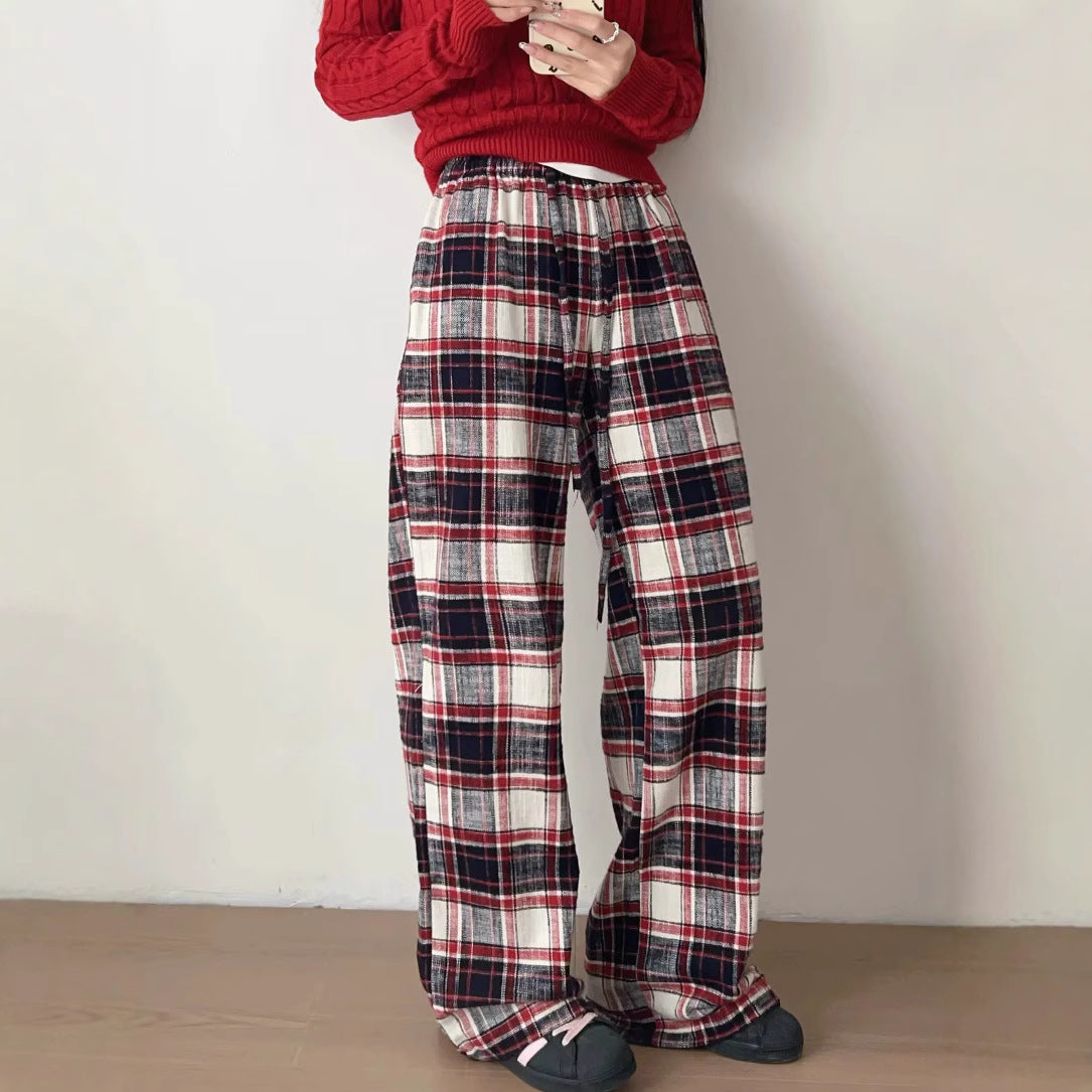 Low waisted red checkered brushed casual pants