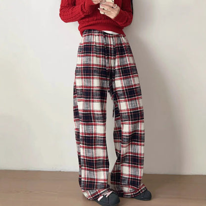 Low waisted red checkered brushed casual pants