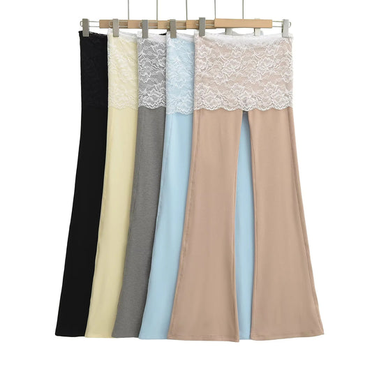 Flip over lace patchwork micro flared pants