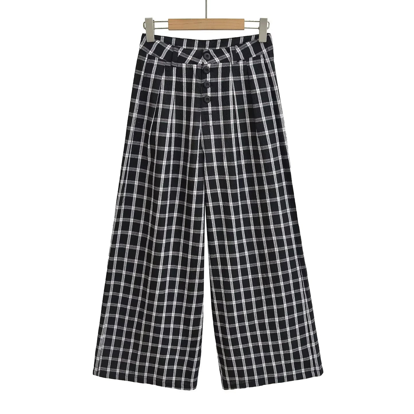 Retro blue checkered casual wide leg pants