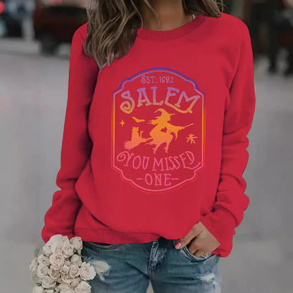 Long sleeved round neck SALEM witch print pullover sweatshirt